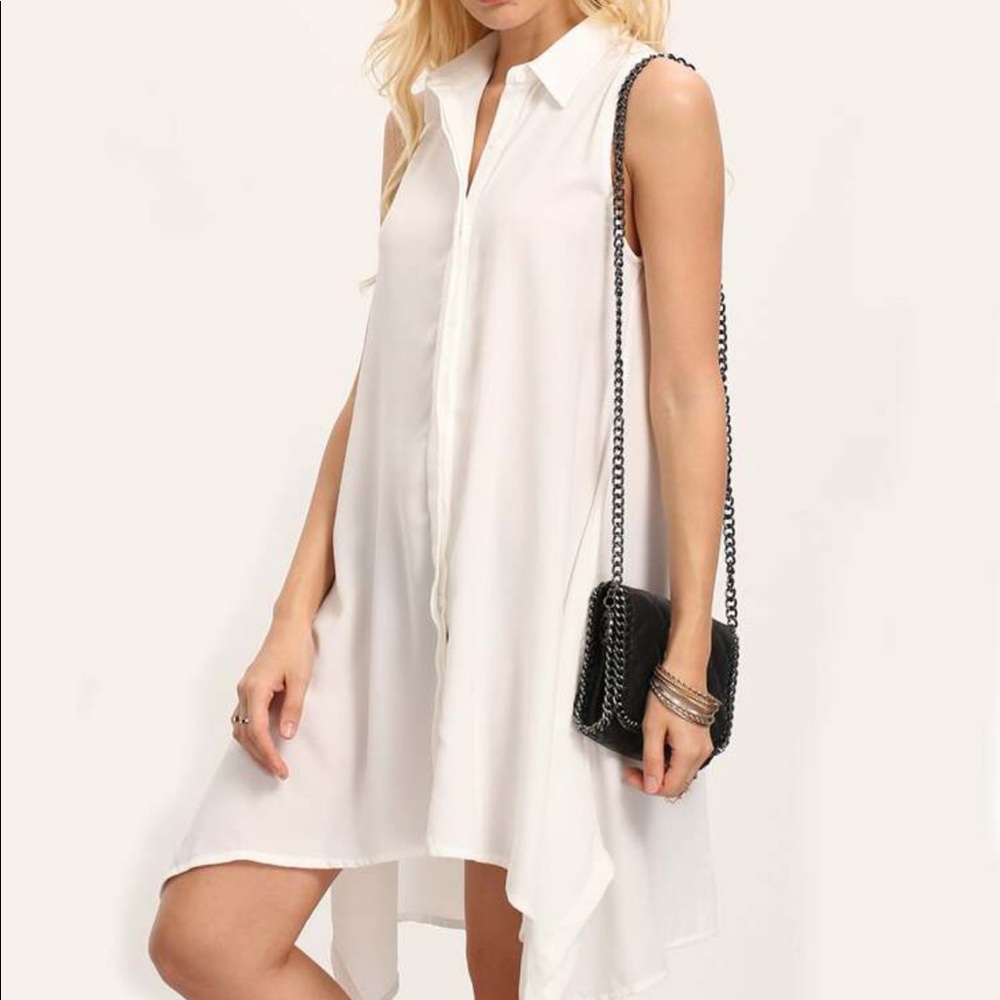 White Sleeveless Button-down Flowy Dress